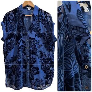 Ecote Anora Dark Boho Floral Burnout Velvet Semi Sheer Button Down Shirt Medium